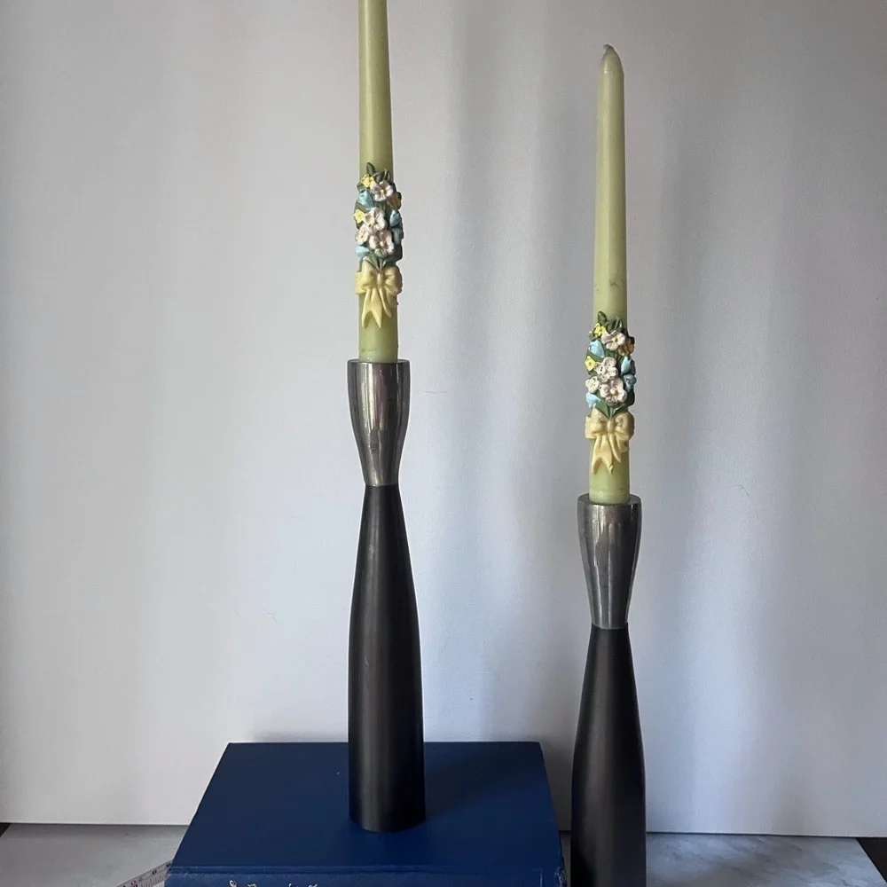 Crate & Barrel Chrome & Nickel Brutalist MCM Style Candle Holders Set Of 2